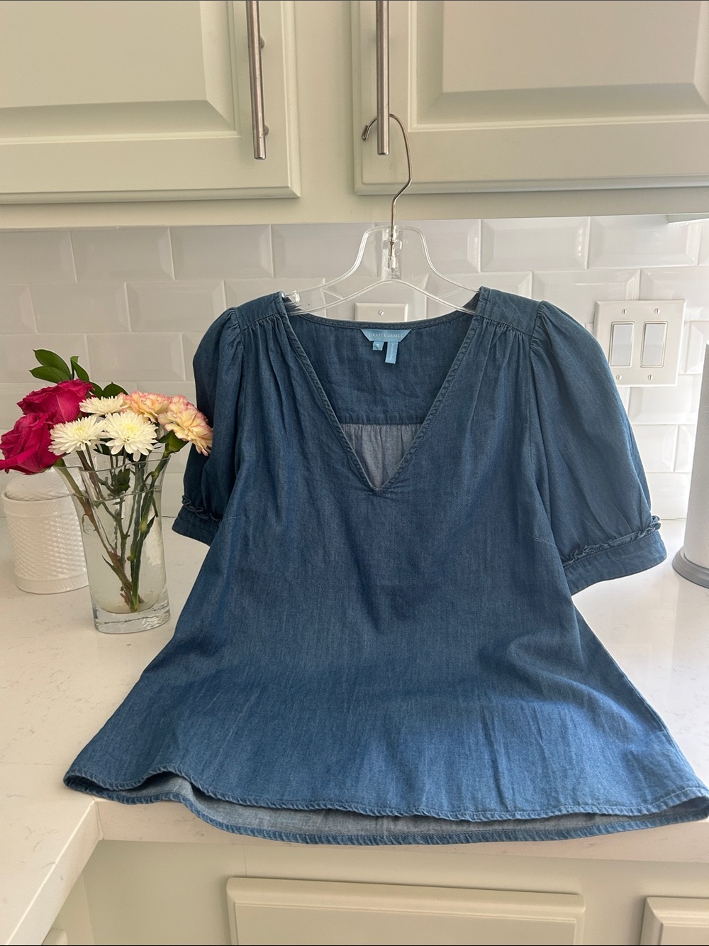 Draper James Indigo Chambray V-Neck Puff Sleeve Top